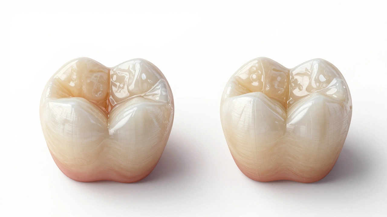 Side-by-side comparison of worn composite veneer and new porcelain crown.