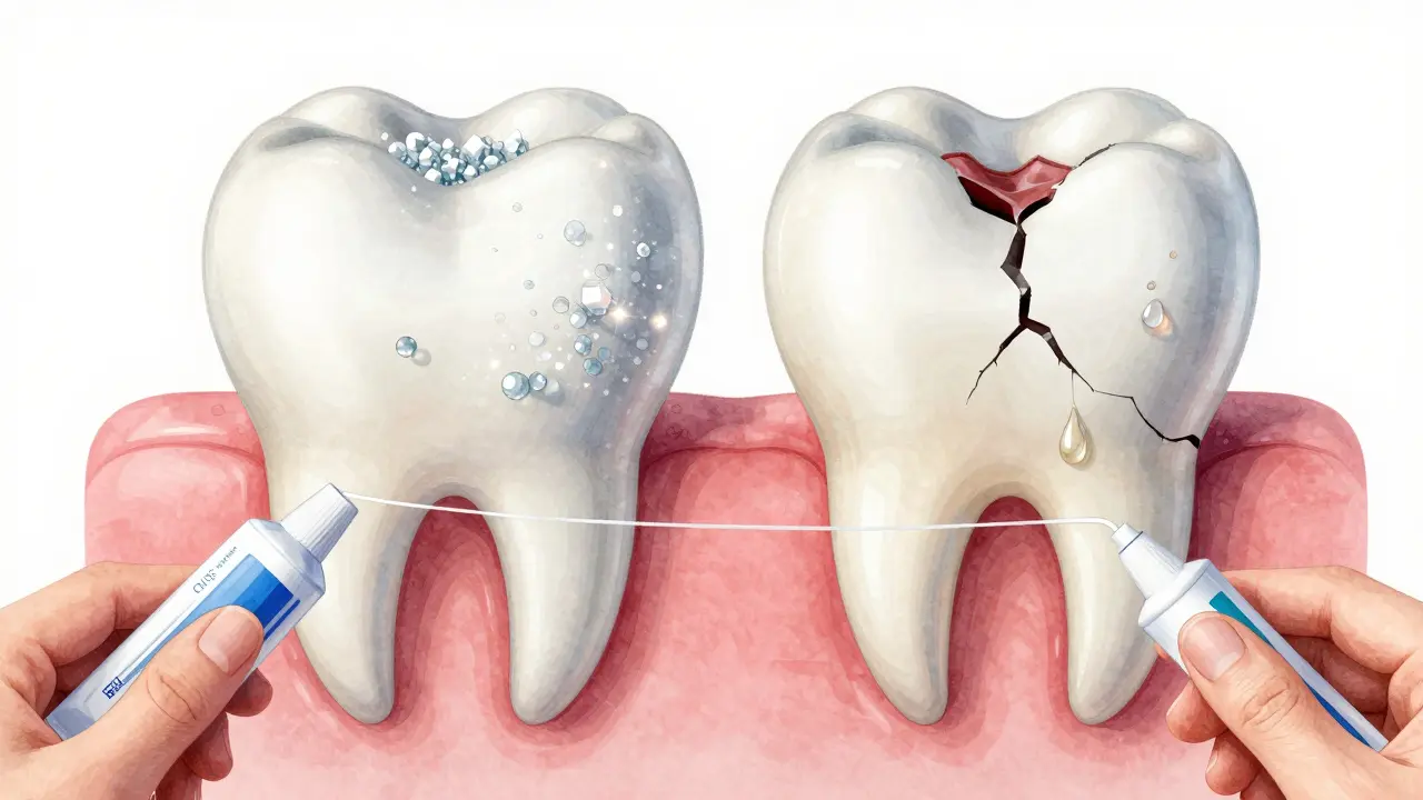 Srovnání zdravého a prasklého zubu s kyselými kapkami a prevencí pomocí zubní pasty a nitě.