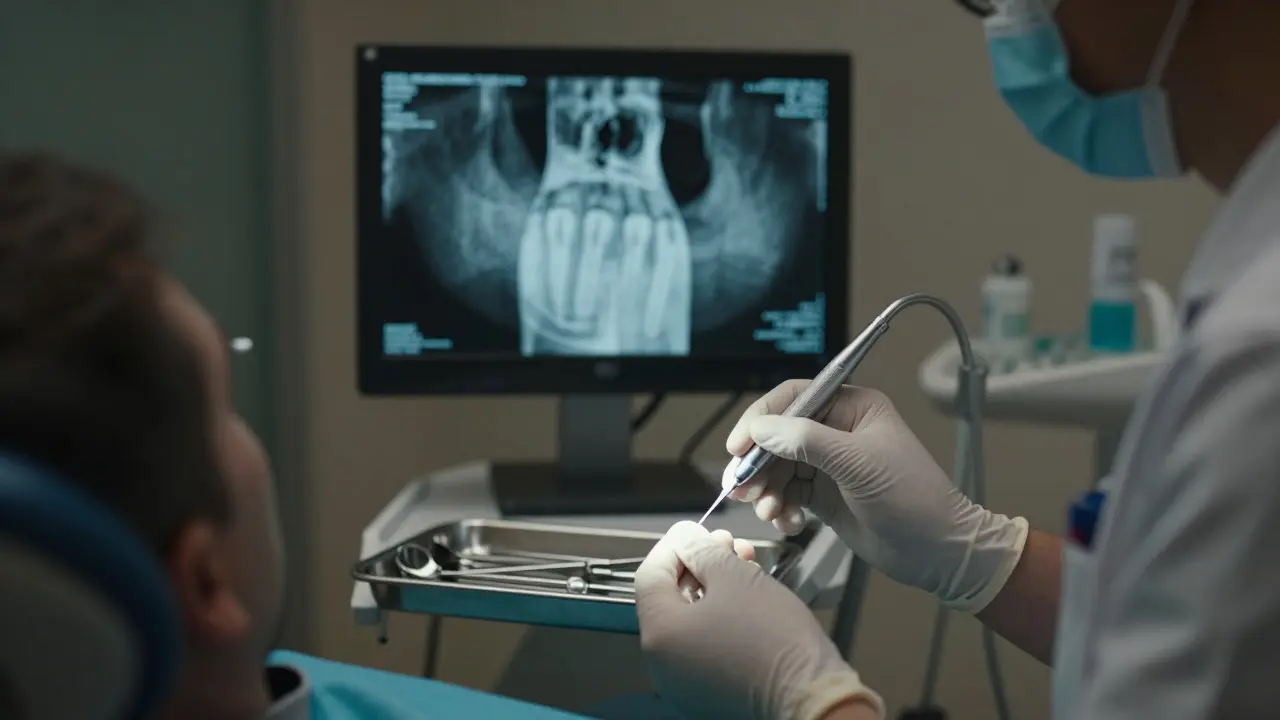 Stomatolog měří hloubku parodontální kapsy pomocí sondy při rentgenovém snímku.