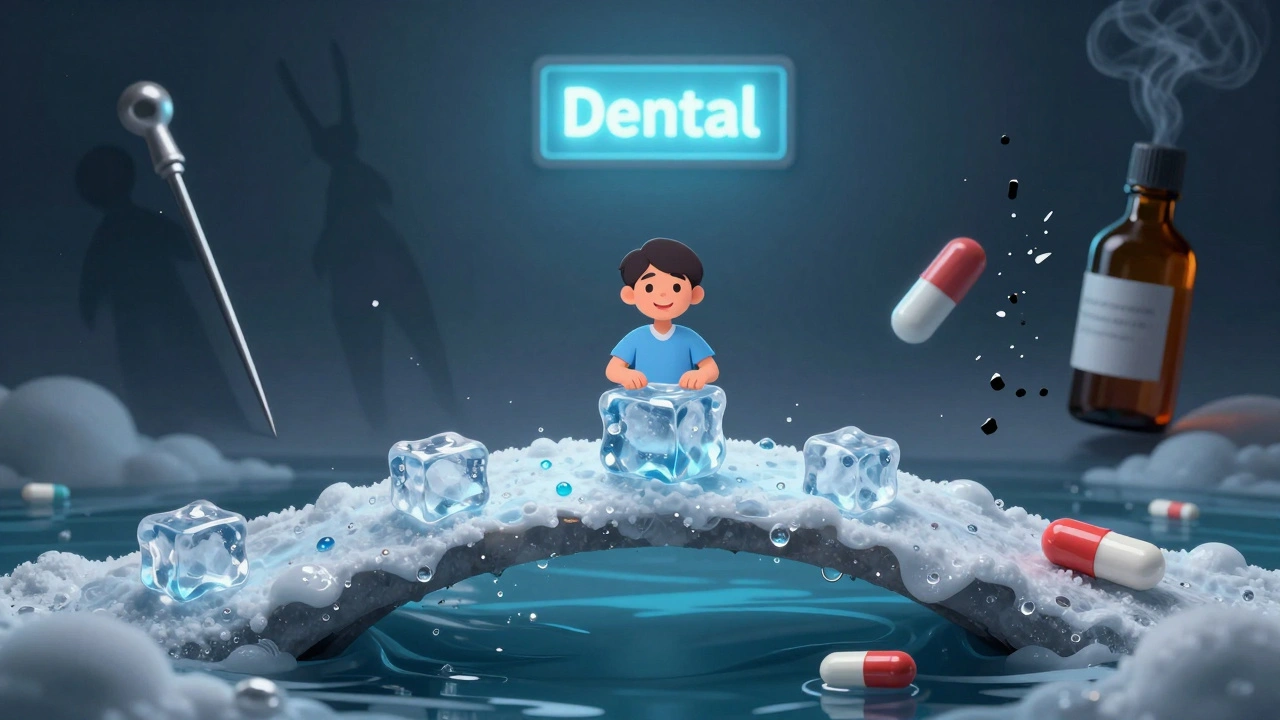 Symbolický most z domácích opatření vede k zubní klinice, nebezpečné metody mizí v kouři.