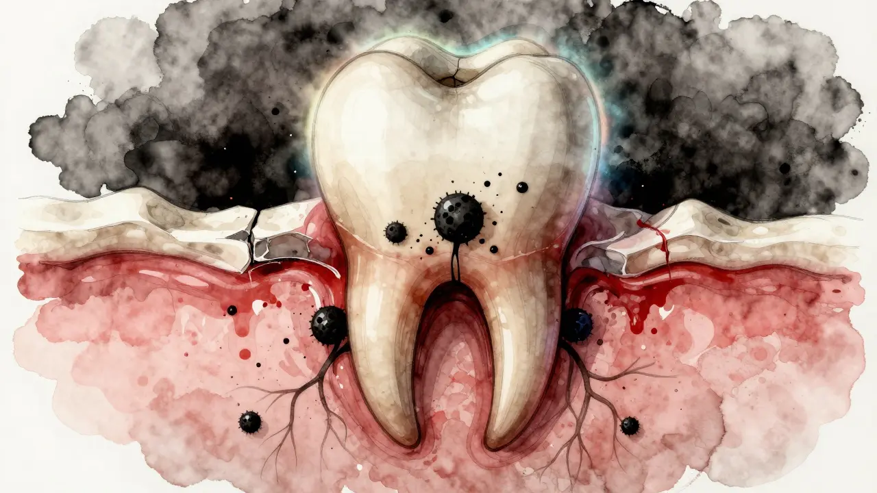 Symbolický obraz ničení kosti kolem zubu bakteriemi a zánětem dásní.