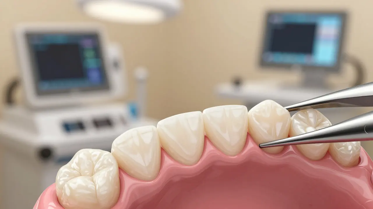 Tenké keramické fazety přilepené na přední zuby s detailním zobrazením přechodu mezi přirozenou sklovinou a fazetou.