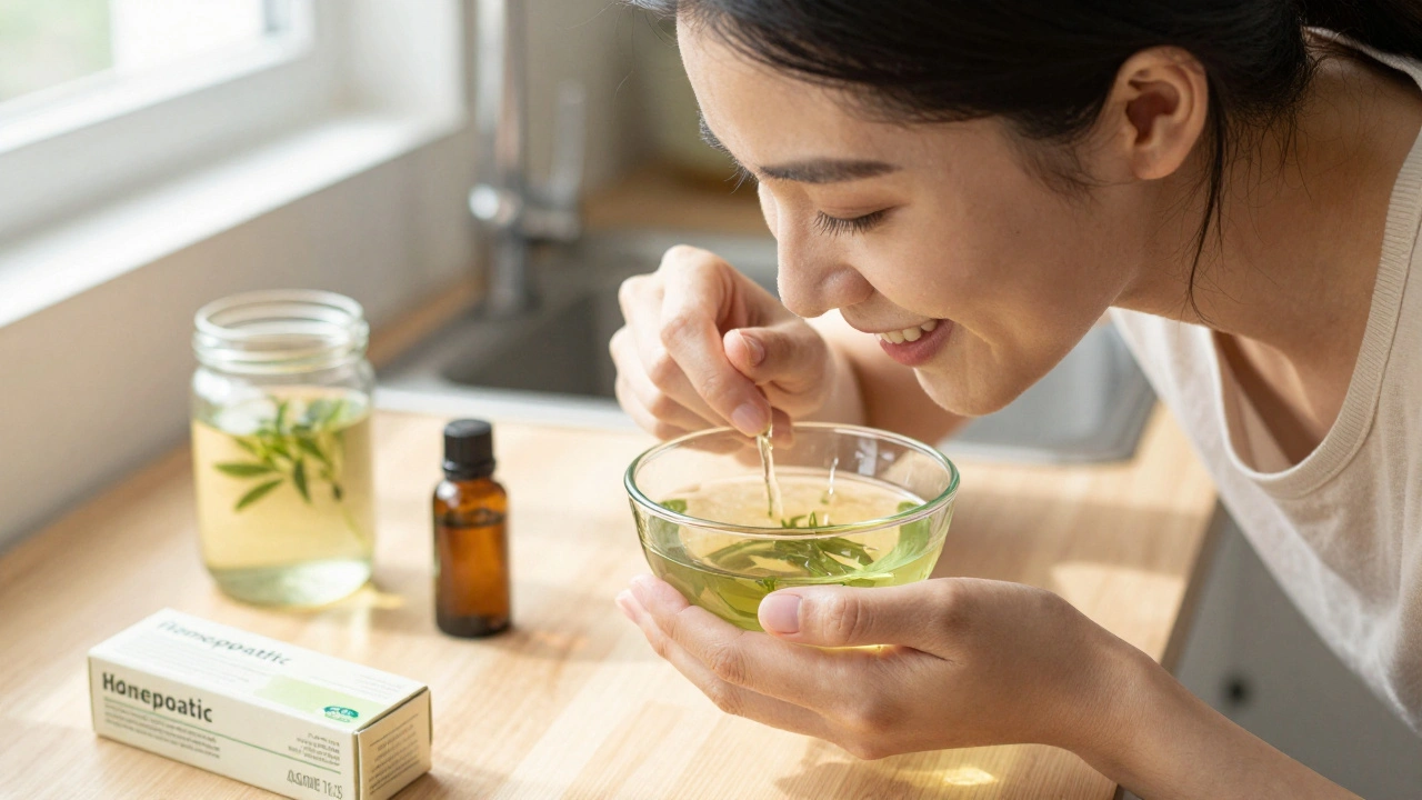 Žena pláchá ústa zeleným čajem, na pozadí kokosový olej a olej čajového stromu, homeopatický přípravek je opuštěný.