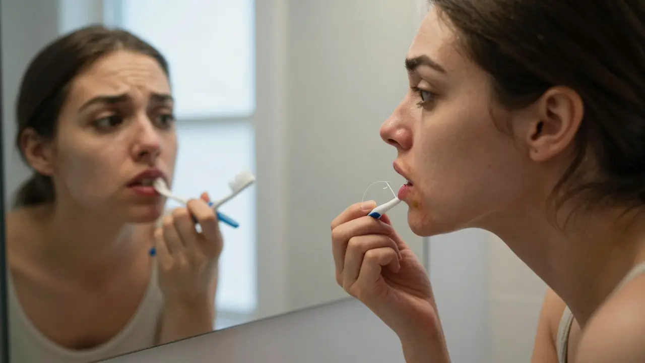 Žena se dívá do zrcadla a pozoruje červené dásně a plak na zubech.