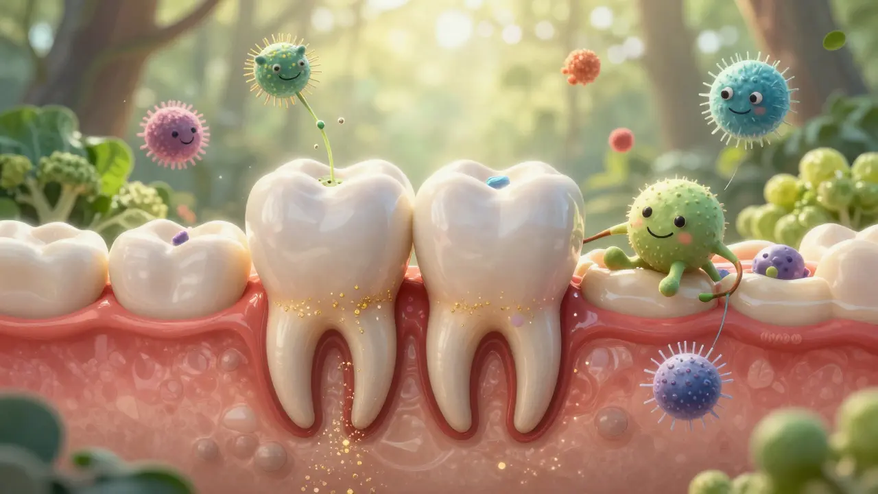 Zub obnovován minerály a probiotiky, pozadí zelené zeleniny a slunce.