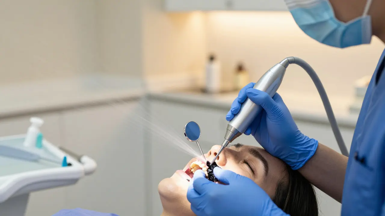 Zubní hygienistka odstraňuje kámen ultrazvukovým přístrojem