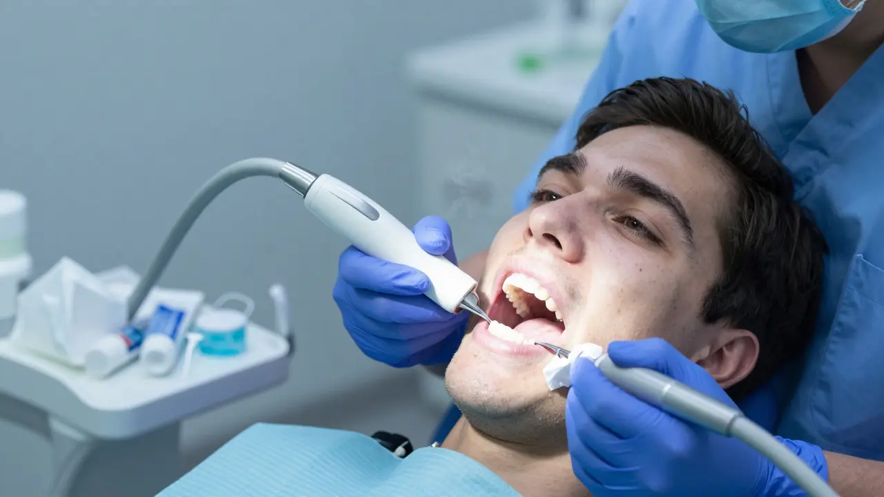 Zubní hygienistka odstraňuje zubní kámen ultrazvukovým přístrojem.