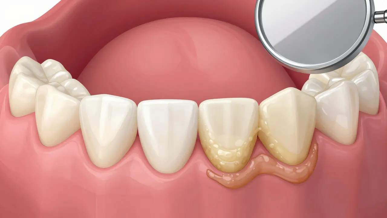 Zubní kámen na dětských zubech – žlutý nános podél dásní v porovnání se zdravým zubem.