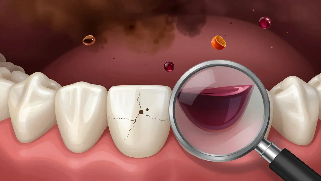 Zvětšený pohled na zubní sklovinu s nebezpečnými barvivy nad ní.
