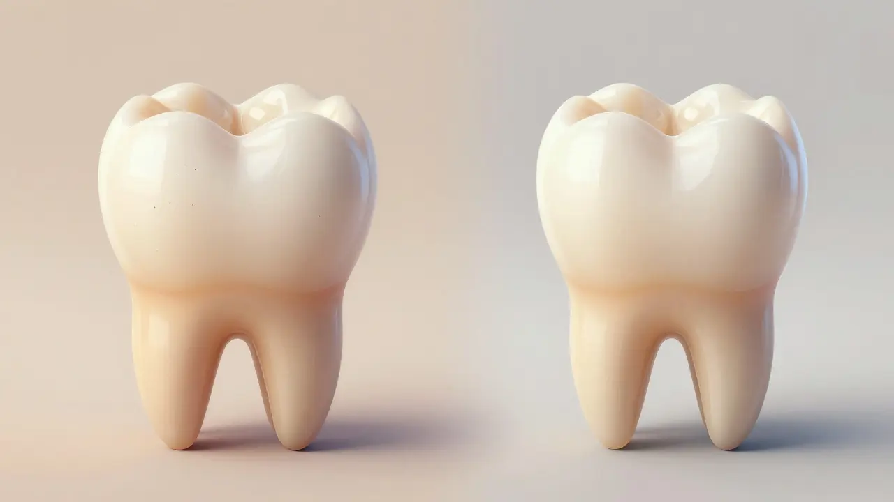 Before and after view of a tooth with composite veneer