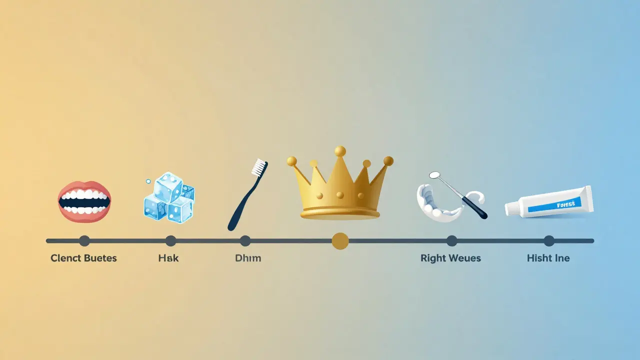Časová osa života s korunkou uprostřed a symboly péče o zuby kolem ní.