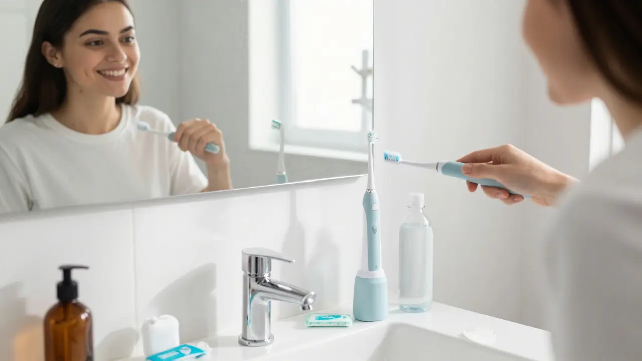 Člověk čistí zuby elektrokartáčkem a vodní čističkou po rovnátkách.