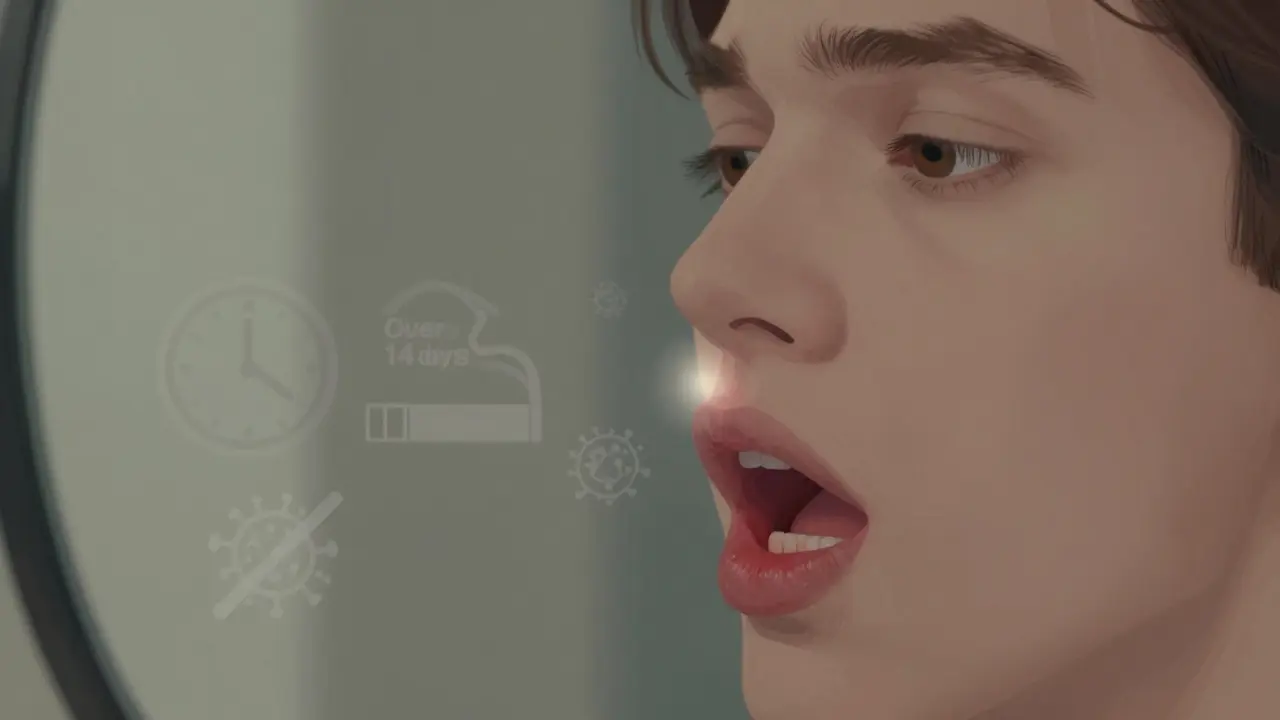 Člověk se dívá do zrcadla a pozoruje nehojící se skvrnu v ústech.