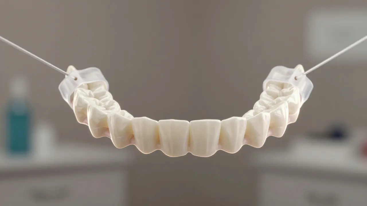 Dental archwire with elastic bands connecting upper and lower teeth in alignment.