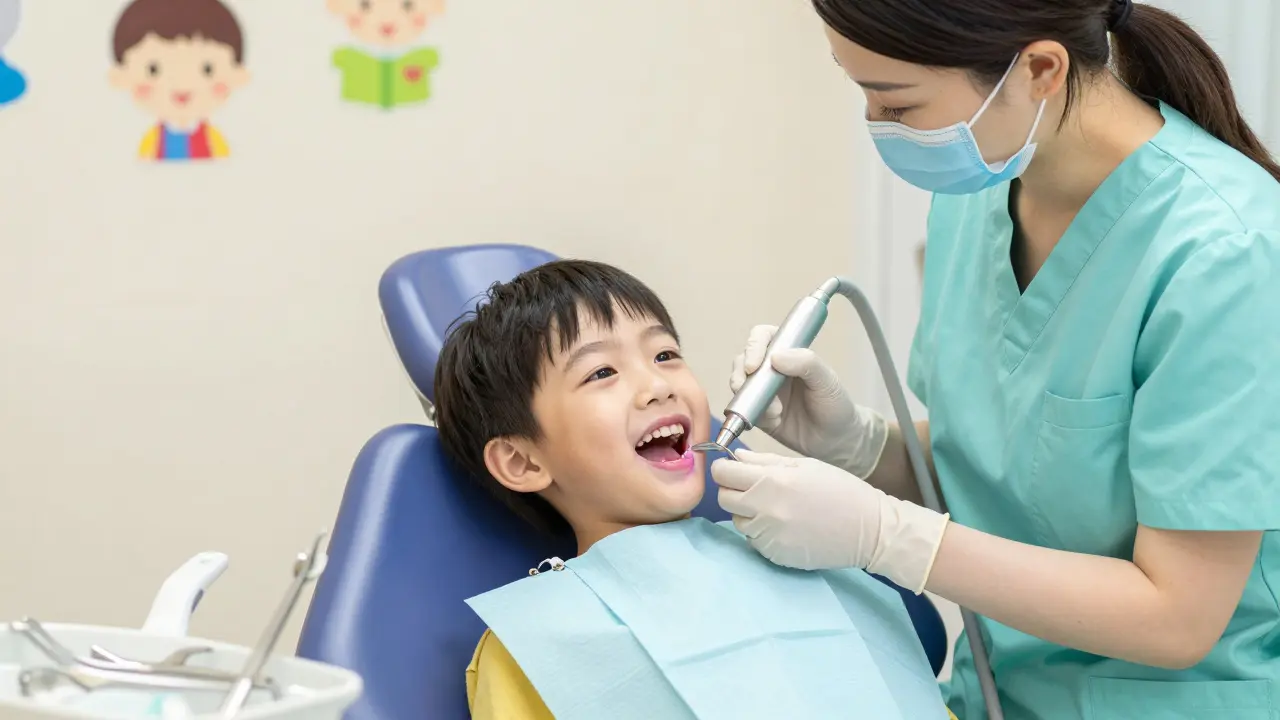 Dětský stomatolog odstraňuje zubní kámen ultrazvukovým skrabeřem, dítě klidně usmívá.
