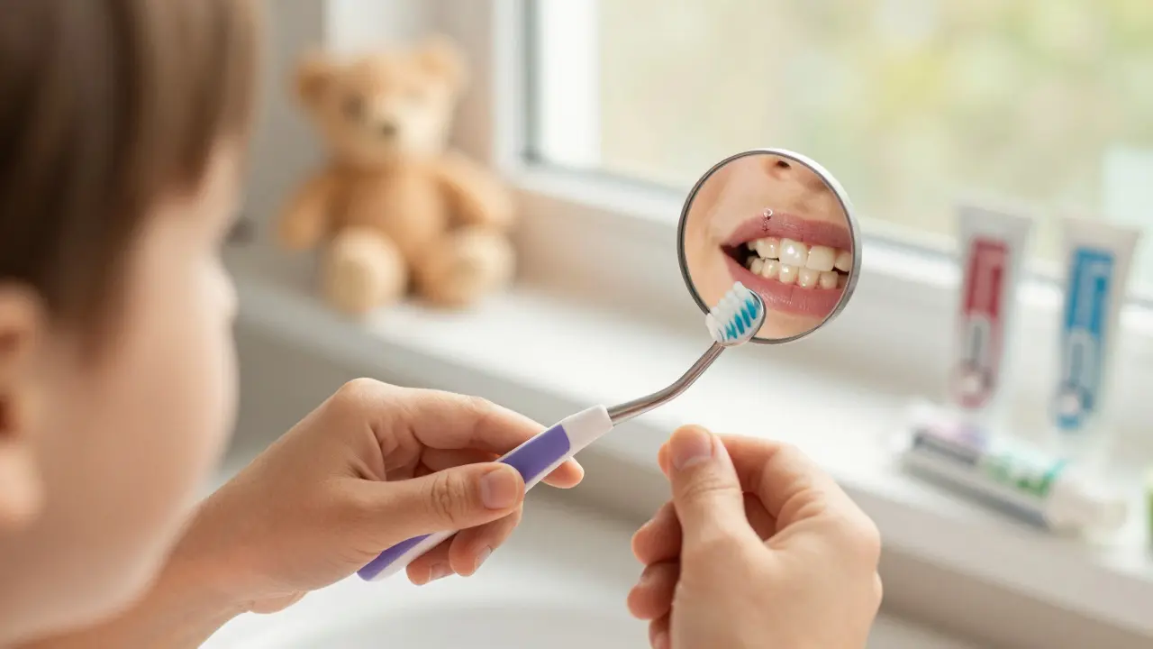 Dítě čistí mezery mezi zuby malým kartáčkem pod dohledem rodiče.