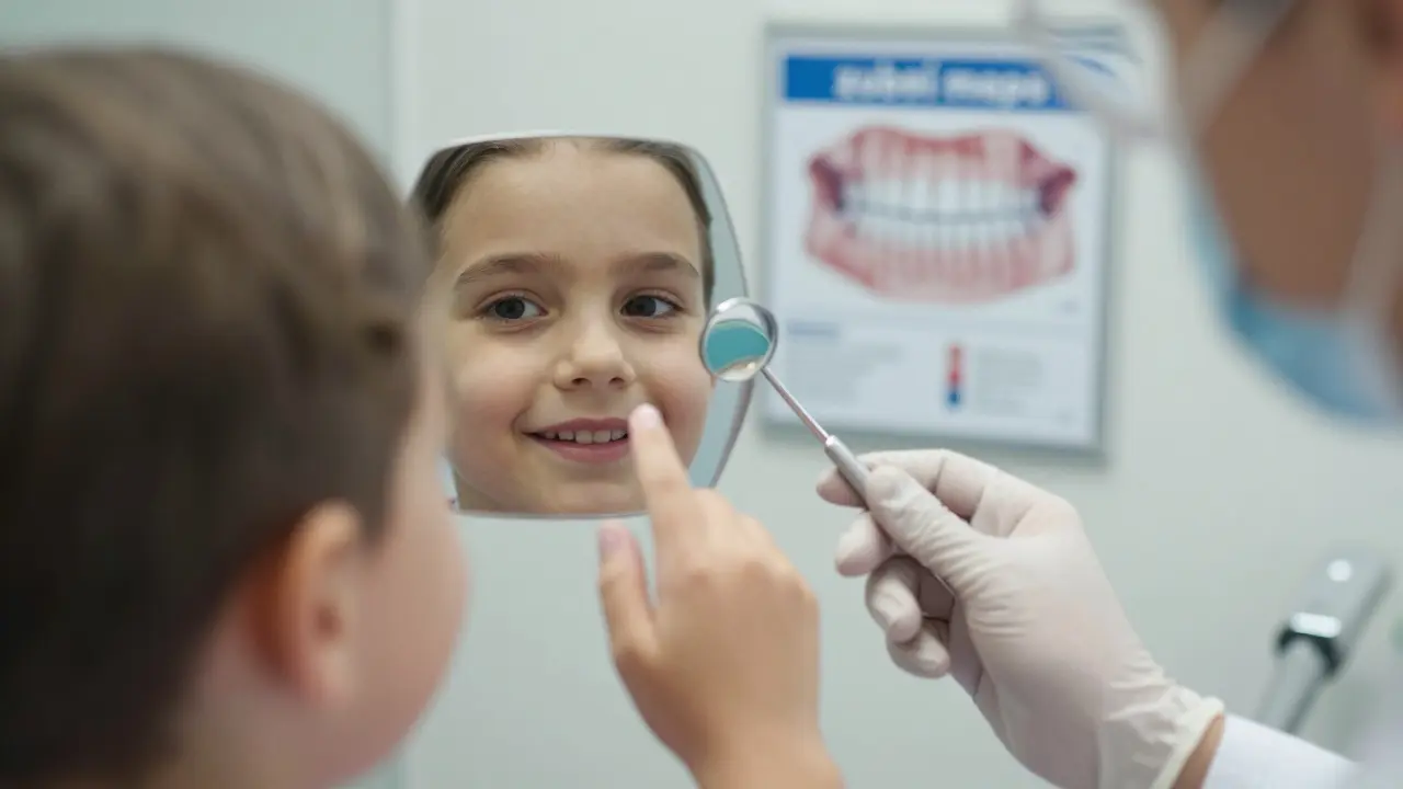 Dítě se dotýká zubního zrcátka, jeho obličej se odráží v zrcadle s mapou zubů.