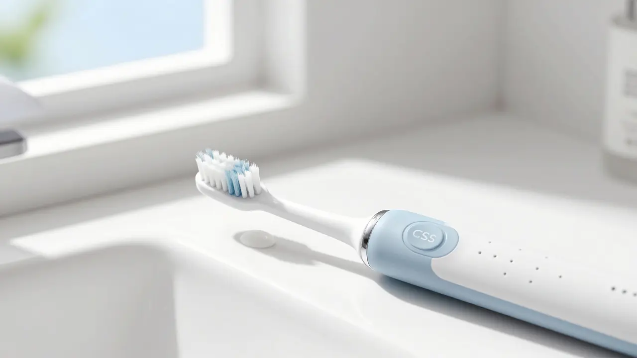 Elektrický zubní kartáček Curaprox CS 5460 s tenkými štětinami na bílém pozadí, bez textů nebo logotypů.