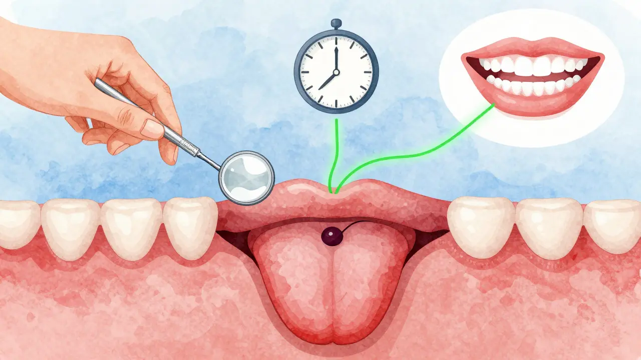 Klíčové příznaky rakoviny ústní dutiny znázorněné jako cesta k včasné detekci.