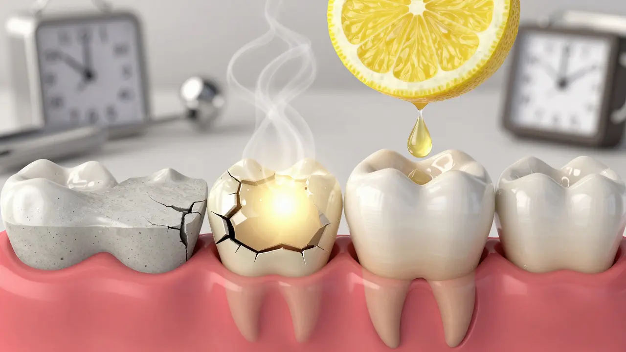 Kompozitní plomba v zubu je vystavena teplu a kyselinám, vznikají mikrotrhliny.