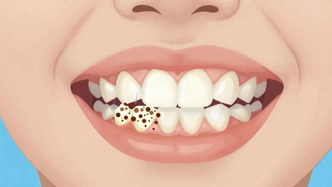 Křížový řez dětského ústního ústrojí ukazující vznik zubního kamene z plaku a minerálů.