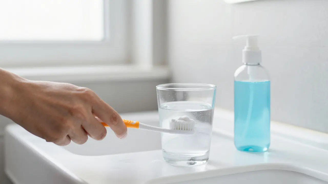 Osoba čistí zuby bicí sodou s vedlejšími domácími prostředky