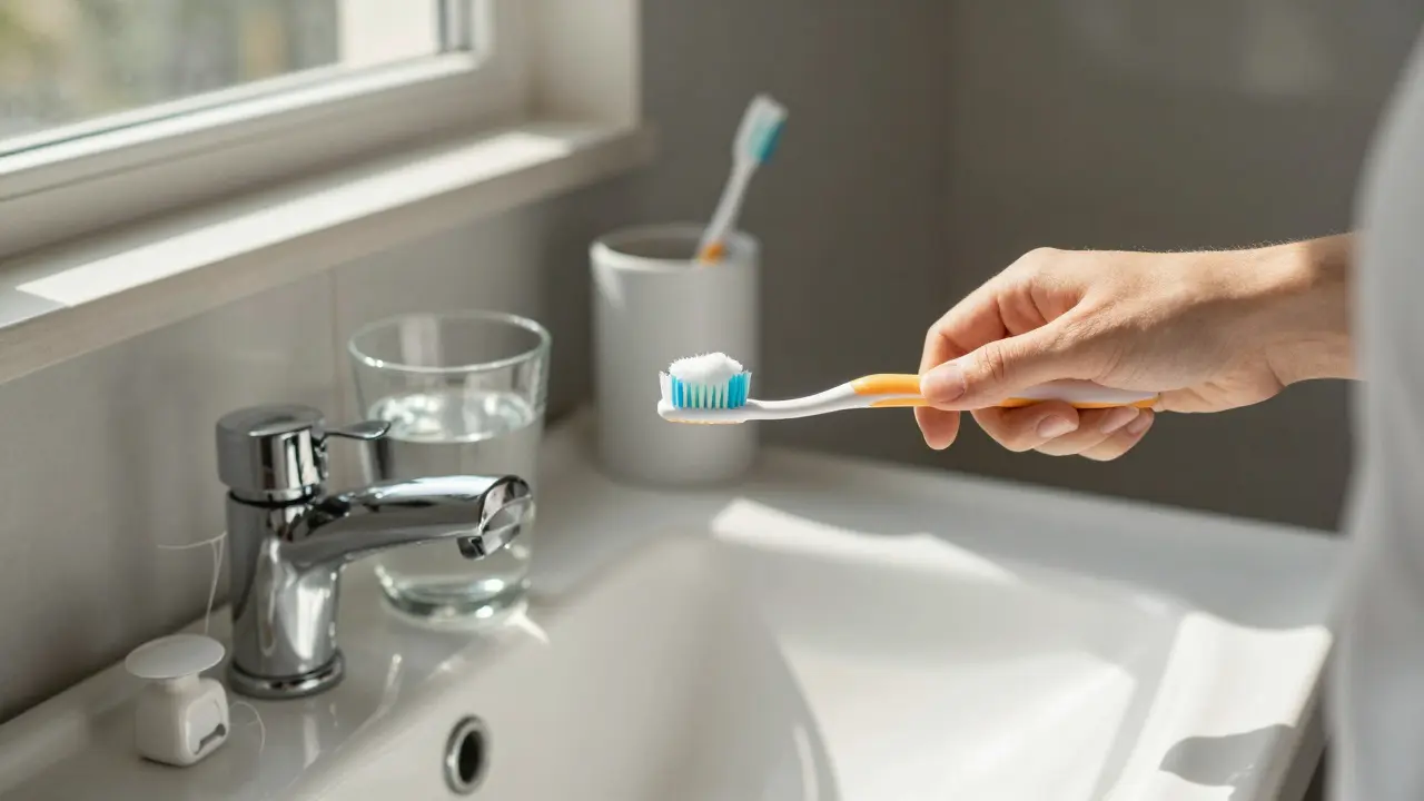 Osoba čistící si zuby ve správné hygienické technice s fluoridovou pastou.