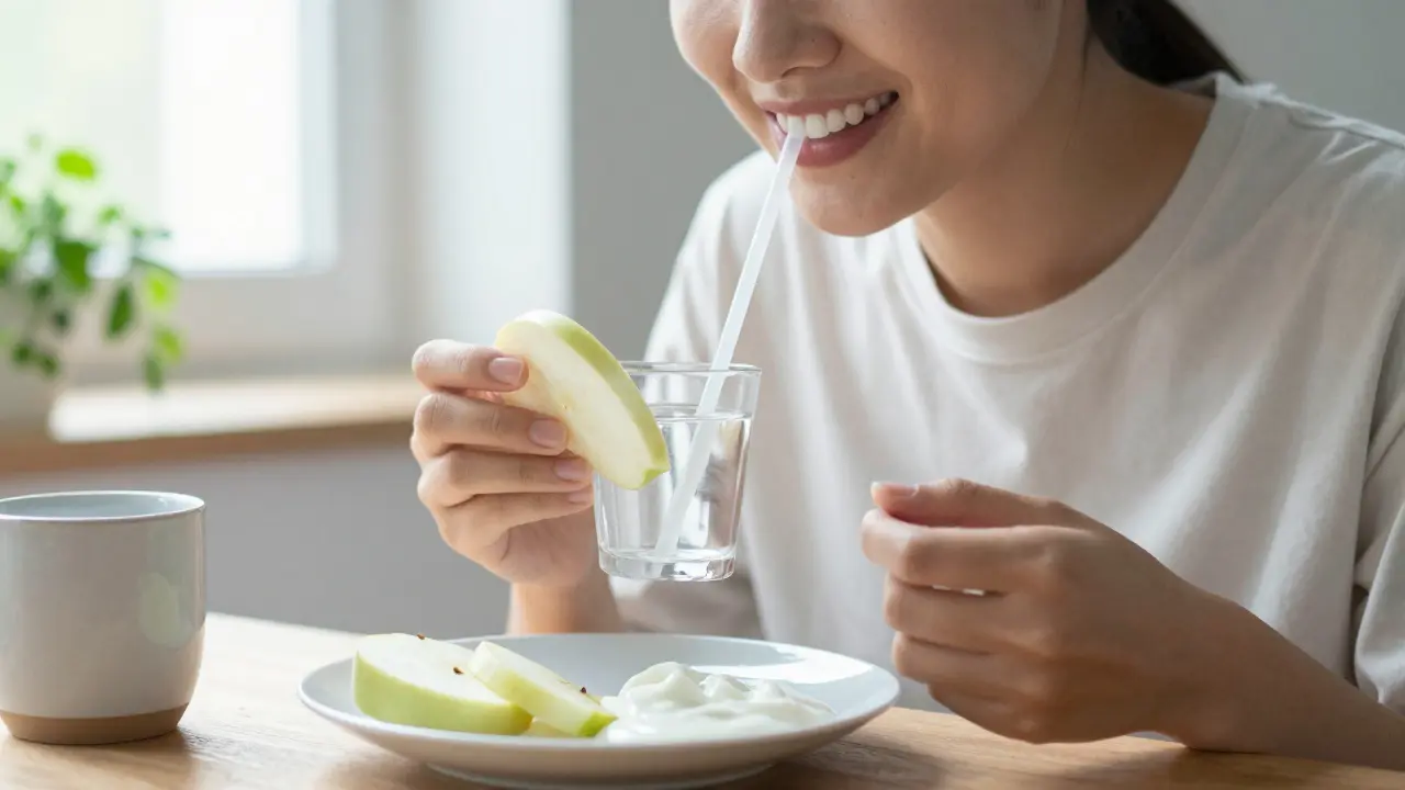 Osoba pije vodu přes slámku a jí bílá jablka a jogurt, zuby jsou bílé a zdravé.