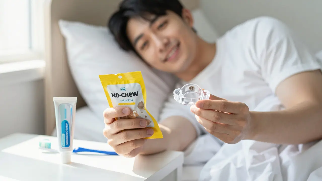 Osoba spí s nočním štítem, na nočním stolku zubní štětec a pasta.