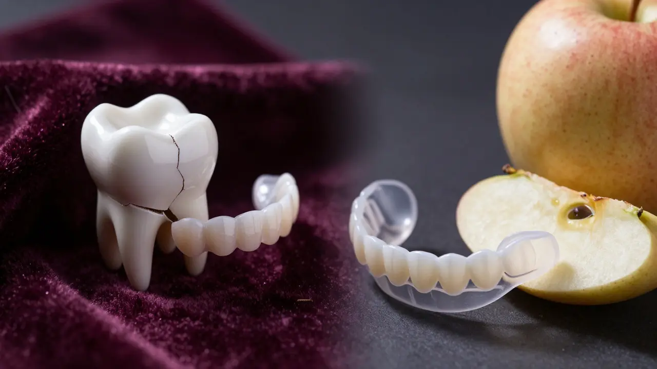 Porcelánový veneers vedle noční ochranné destičky a nakrájeného jablka.