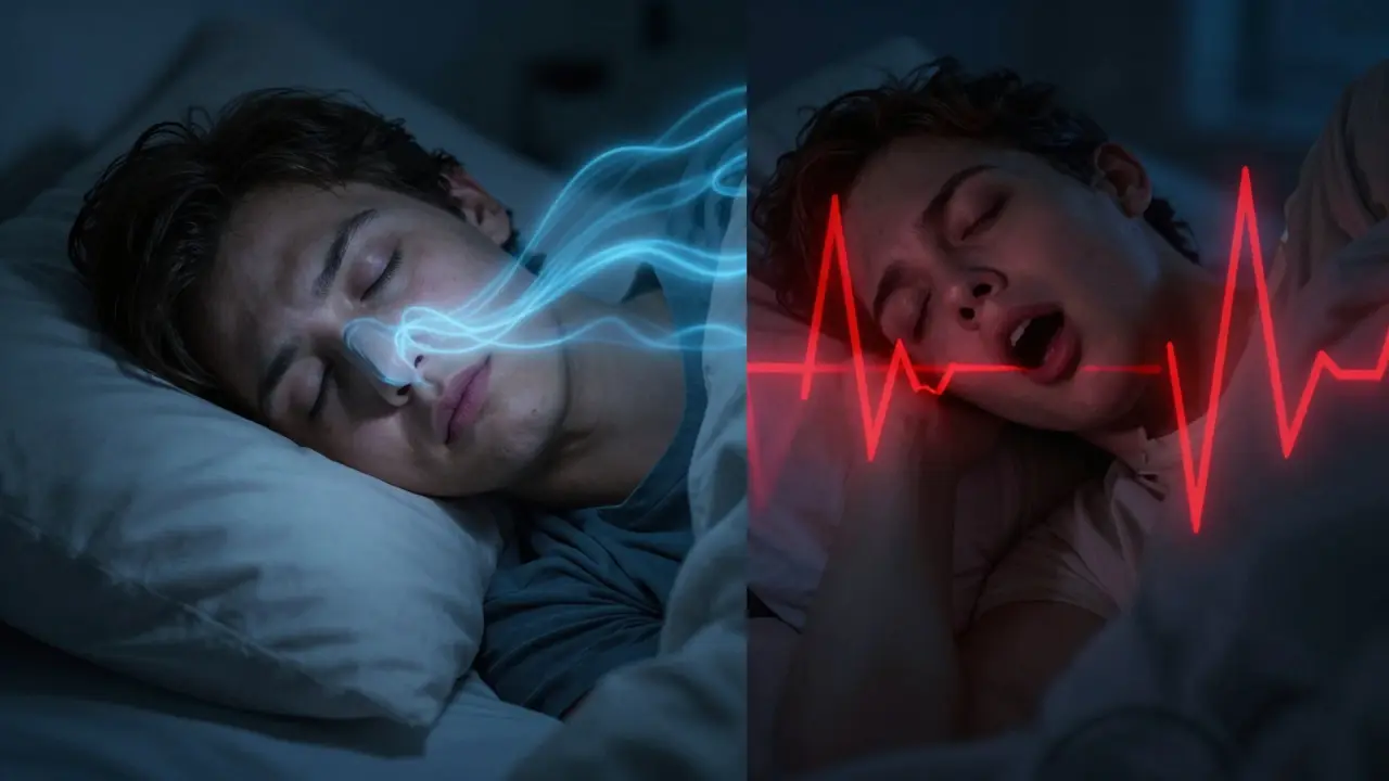 Porovnání správného nosního a špatného ústního dýchání během spánku.