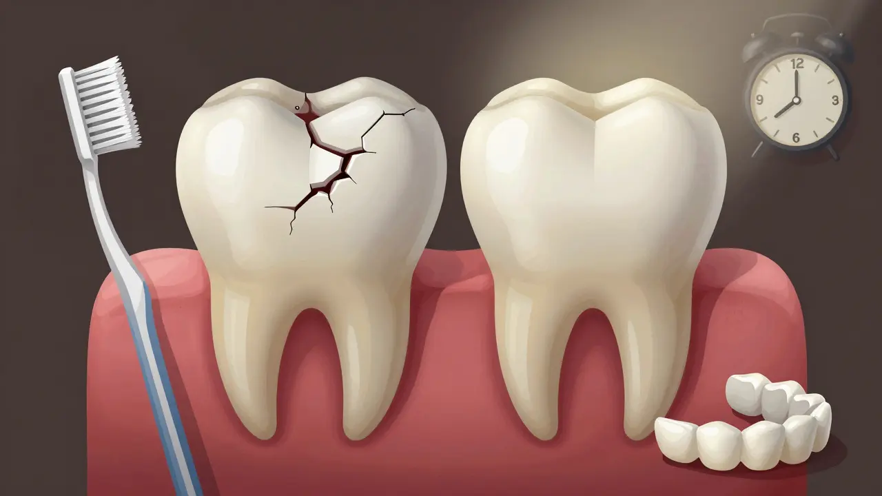 Porovnání zdravého zubu s korunkou a poškozeného zubu s kariésem pod ní.