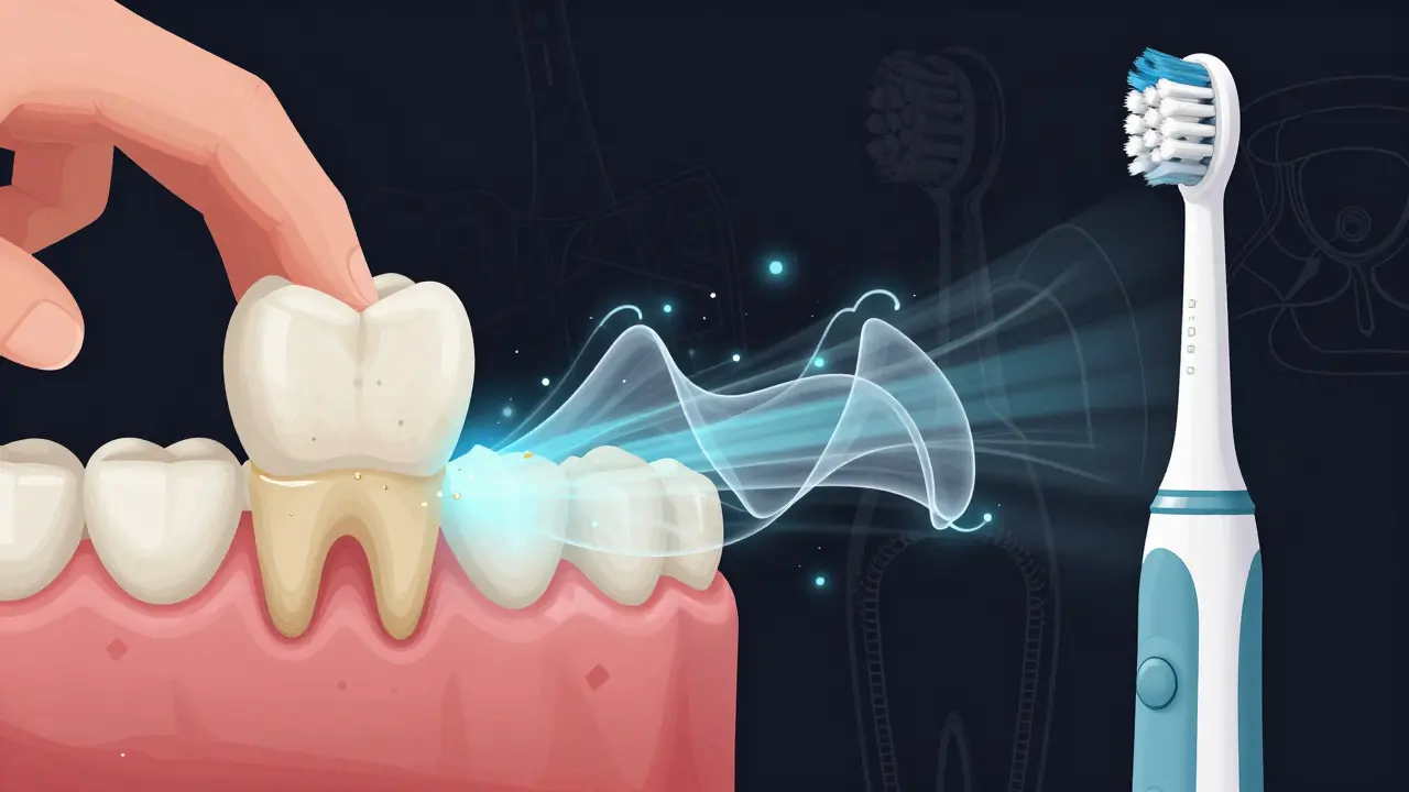 Porovnání zubu s plakem a zánětem vlevo a sonickým čištěním s mikroprouděním vpravo.