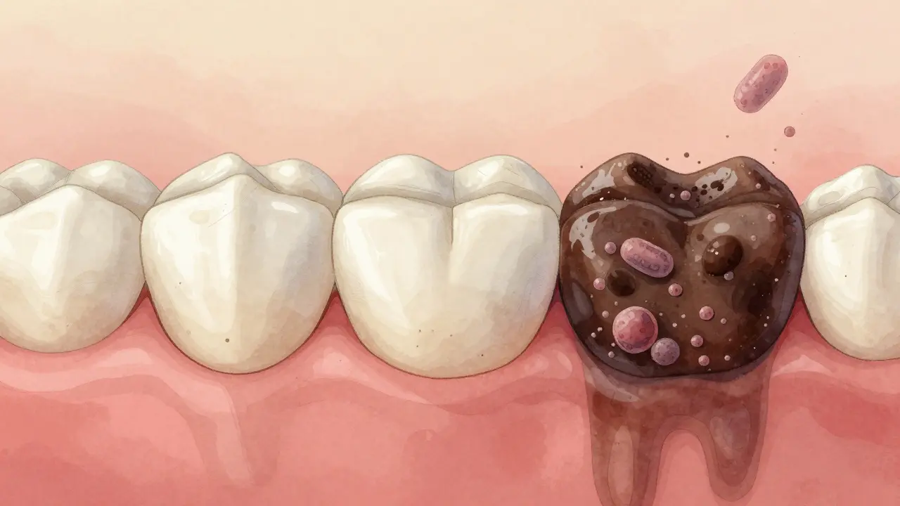 Přechod měkkého plaku na tvrdý zubní kámen s mikroskopickými bakteriemi