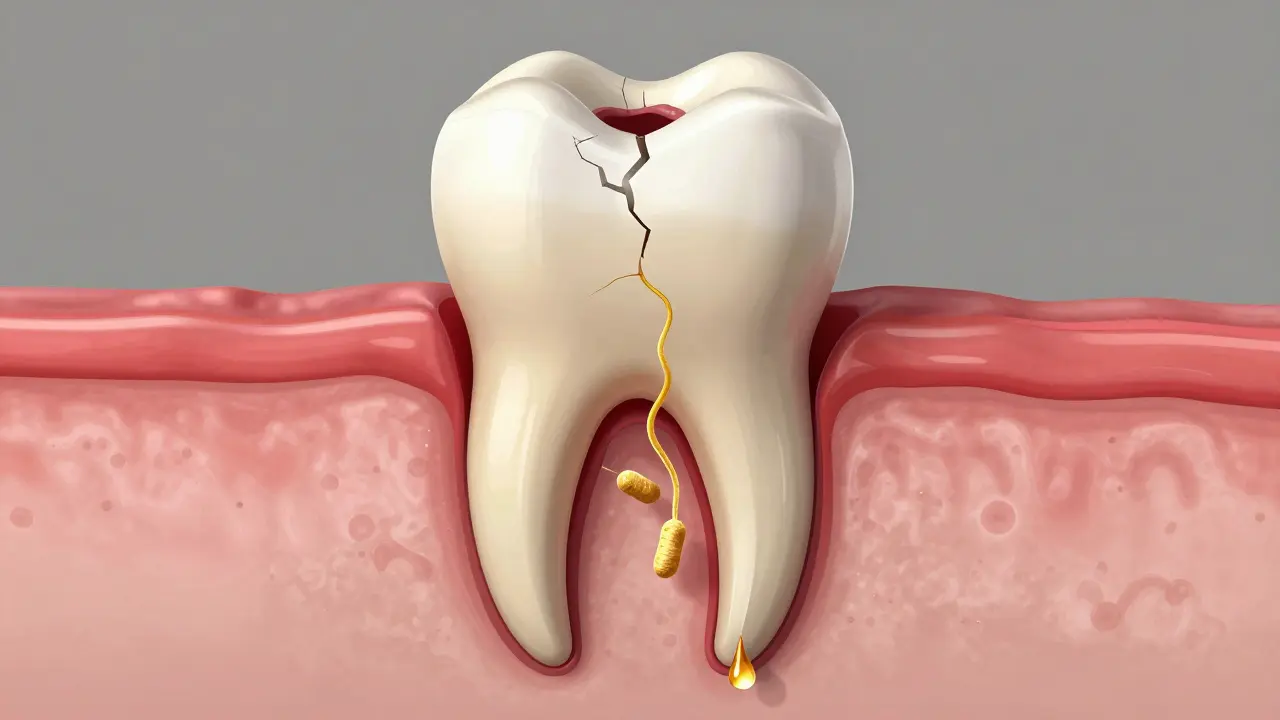 Příčný řez zubu s zánětlivou pulpou a bakteriemi šířícími se do kořene.