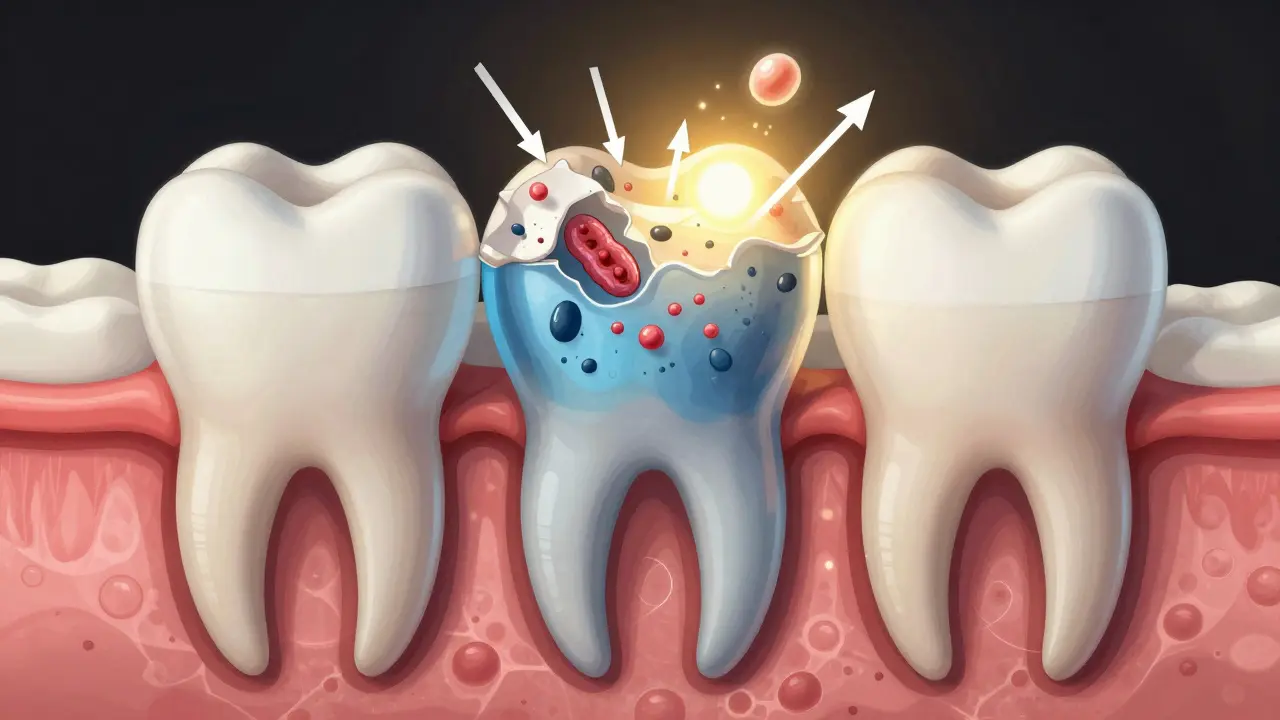 Průřez zubu ukazující postupný rozklad skloviny bakteriemi a remineralizaci fluoridem.