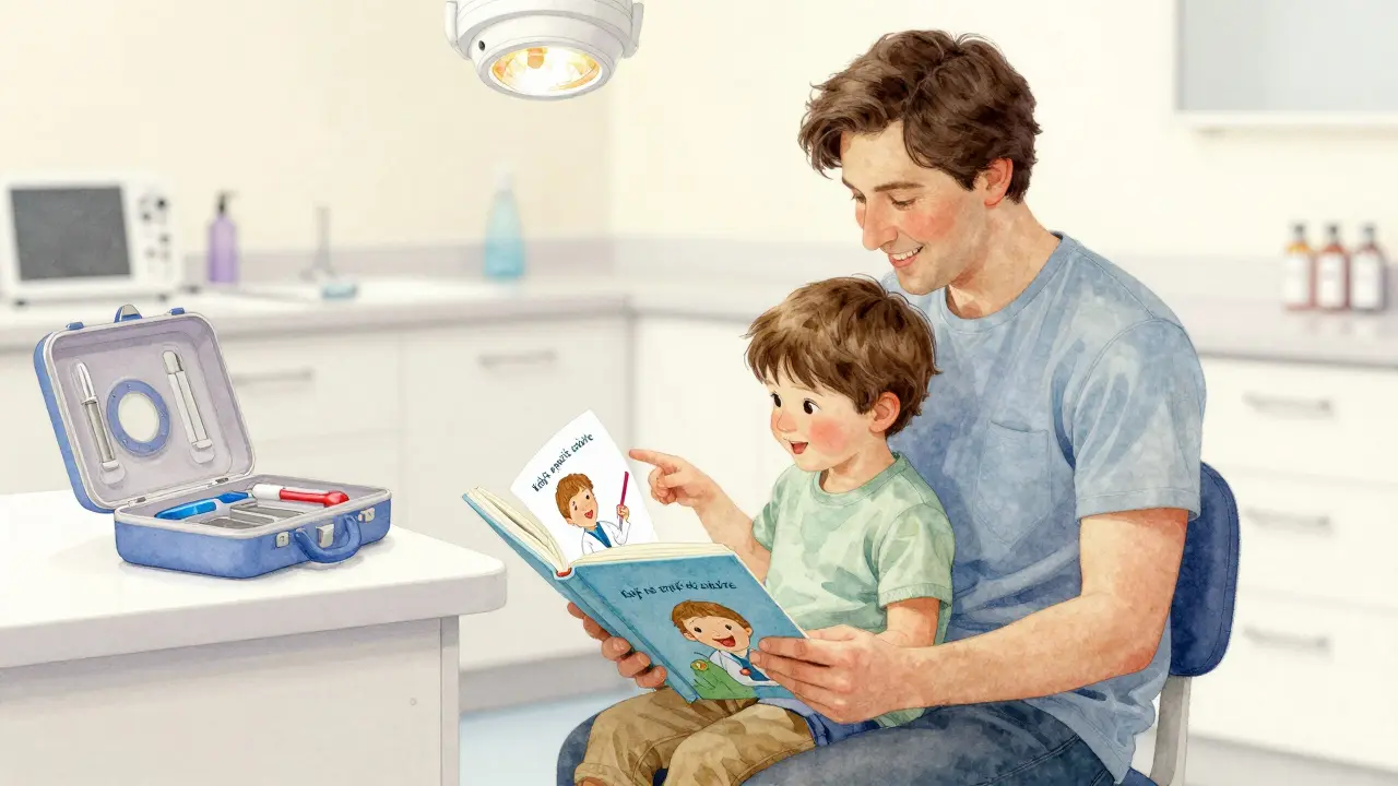 Rodič a dítě čtou knížku o zubaři v klidné klinice, hračky jsou na stole.