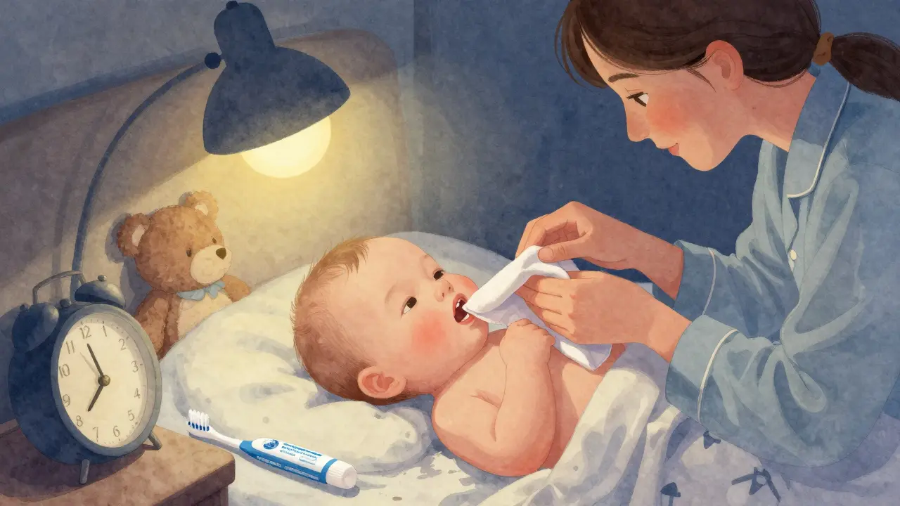 Rodič čistí první zoubek dítěte večer pomocí měkké látky při slabém světle.