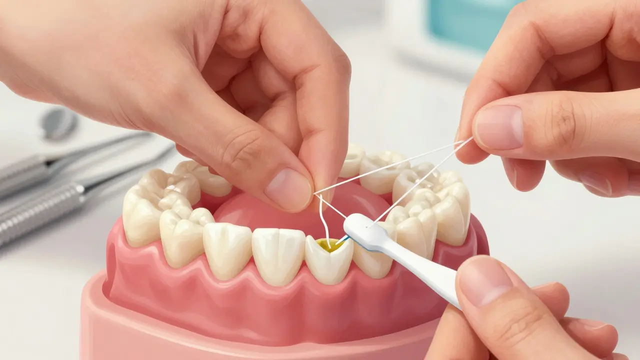 Ruka správně používá zubní nit a mezizubní kartáček pro úplné čištění mezi zuby.