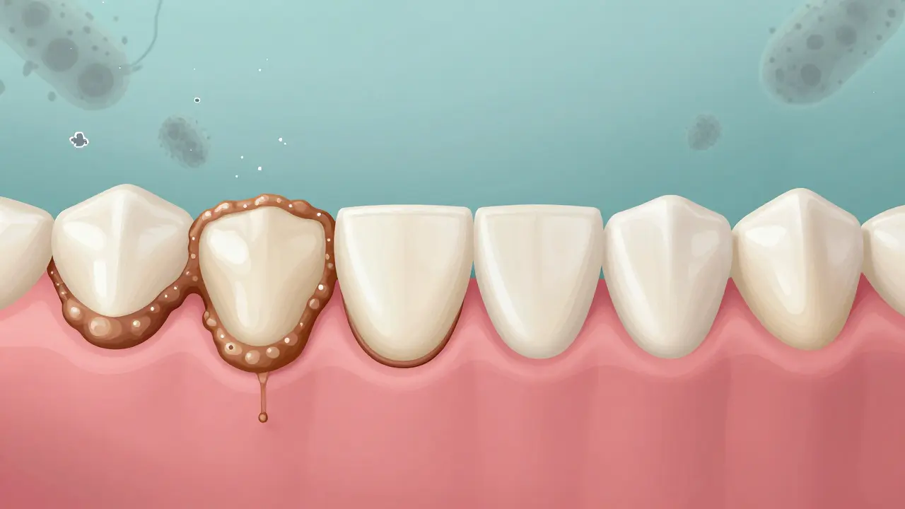 Srovnání hrubého zubního kamene a hladkého povrchu po očištění zubů.