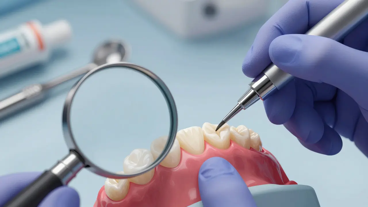 Stomatolog čistí veneers jemným proudem vody.