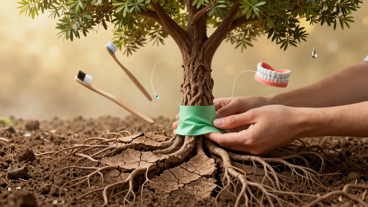 Strom s odhalenými kořeny, který symbolizuje dásně, obalený zelenou membránou jako znak regenerace.