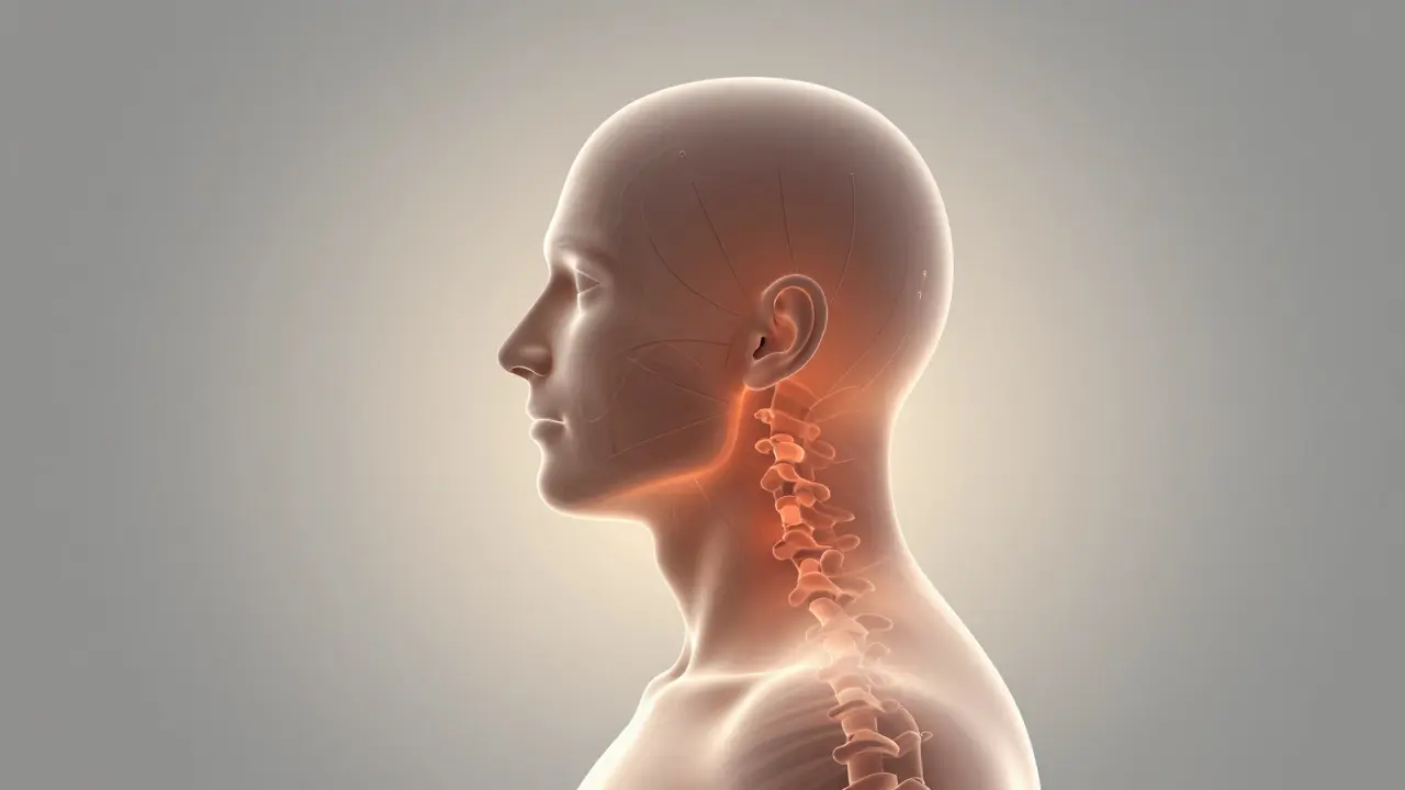 Transparentní schematický nákres těla ukazující vliv předkusu na hlavu, krk a páteř.