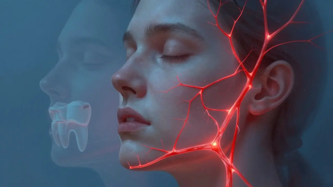 Tvář s červenými žilami šířícími se z čelisti, symbolizující infekci nervu.