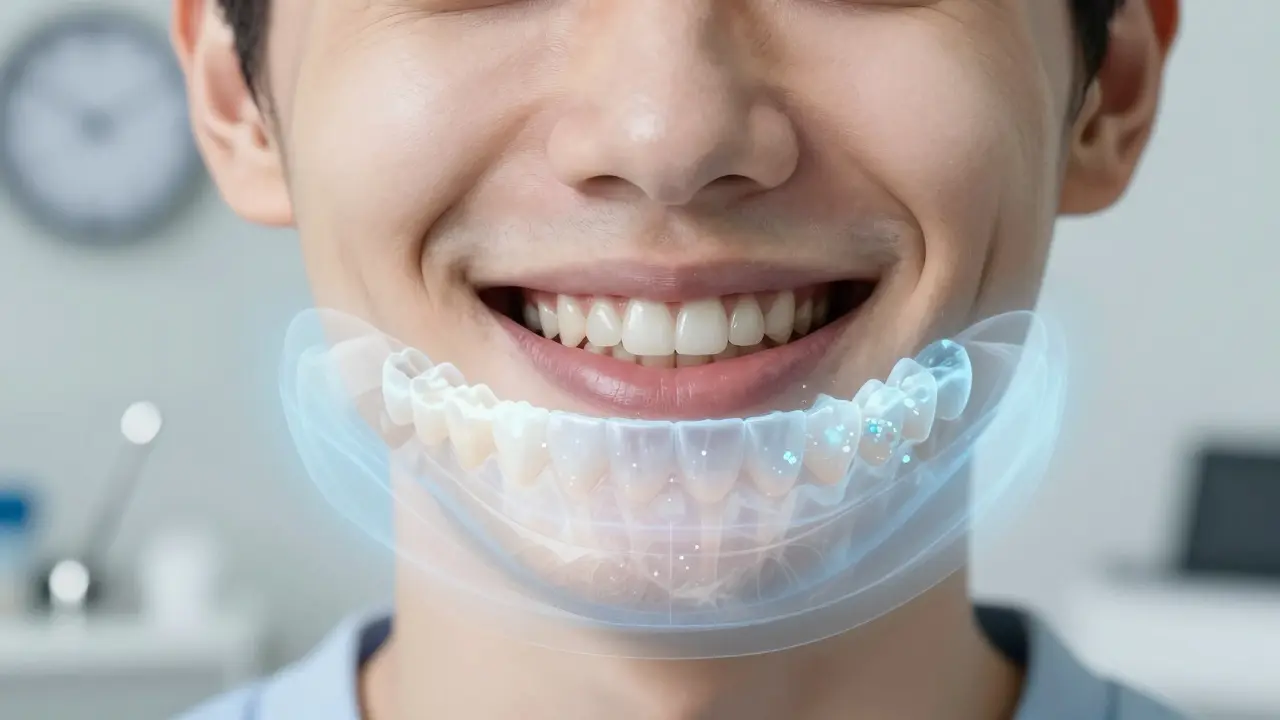 Úsměv po odstranění rovnátek s průhledným překryvem obnovy zubní sklovinové vrstvy fluoridem.