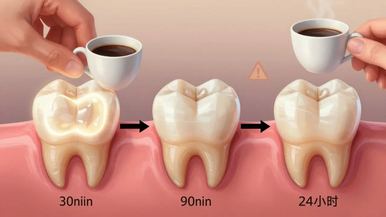Vývoj tvrdnutí kompozitní onlay v čase: od měkkého stavu k plné pevnosti.
