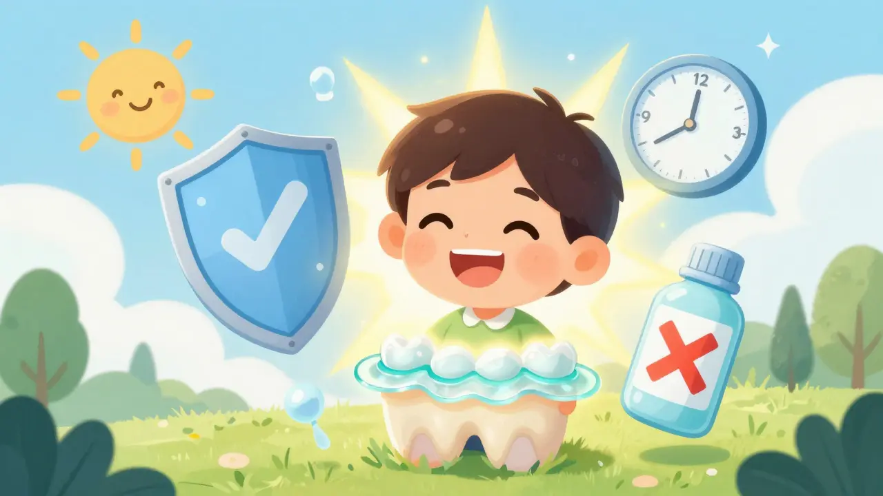 Zdravý úsměv dítěte chráněný fluoridem, sealanty a bez noční láhve.