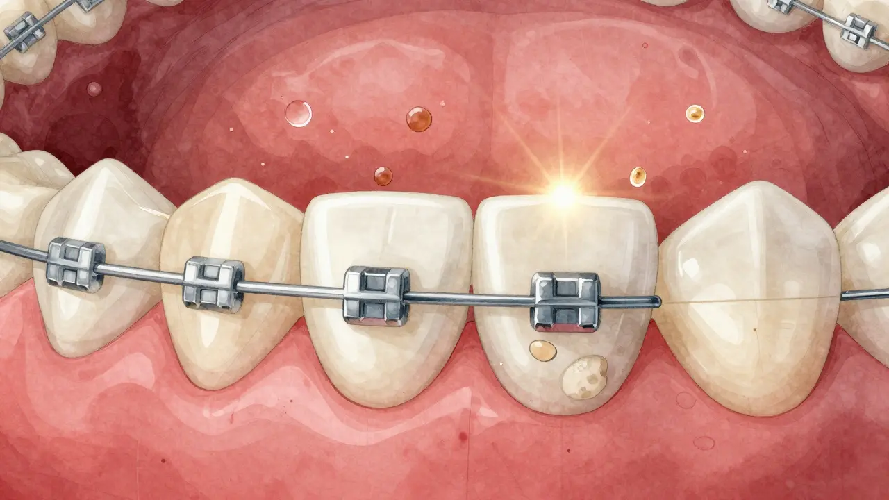 Zub s rovnátky: jedna část zdravá, druhá s bílými skvrnami a kávou, viditelné bakterie a kyselina.