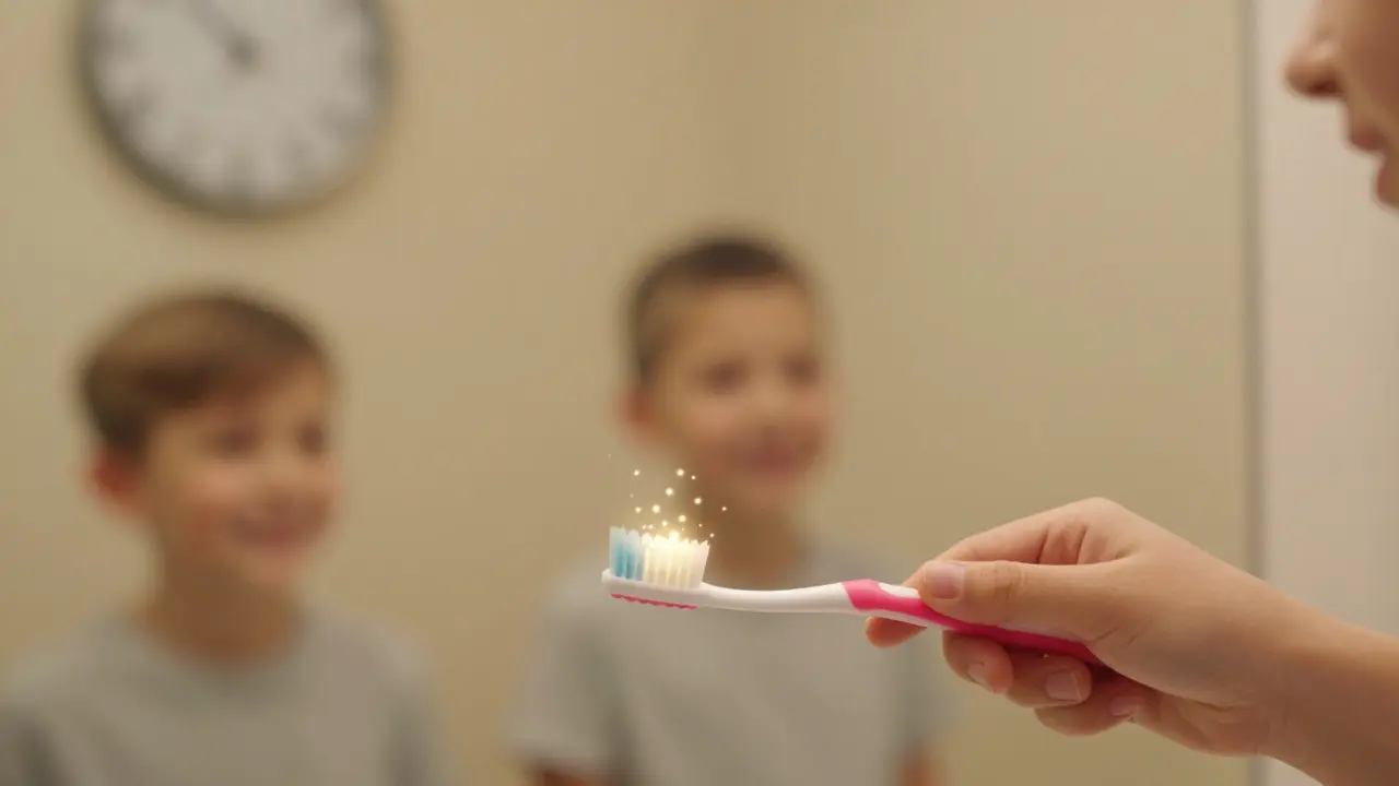 Zubní kartáček odstraňuje plak jako jemné hvězdičky, symbolizující čistotu a bezpečné čištění pro děti.