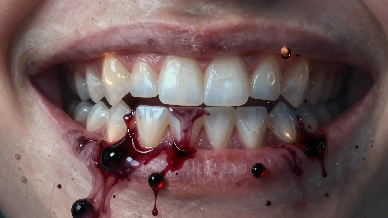 Zuby jako pórovitá struktura vstřebávající červené víno a kávu, mikropóry zvýrazněny.